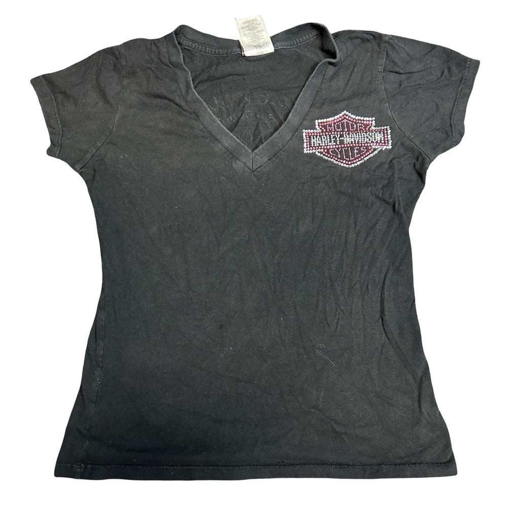 Harley-Davidson Black V-Neck Tee with Pink Rhinestone Shield
